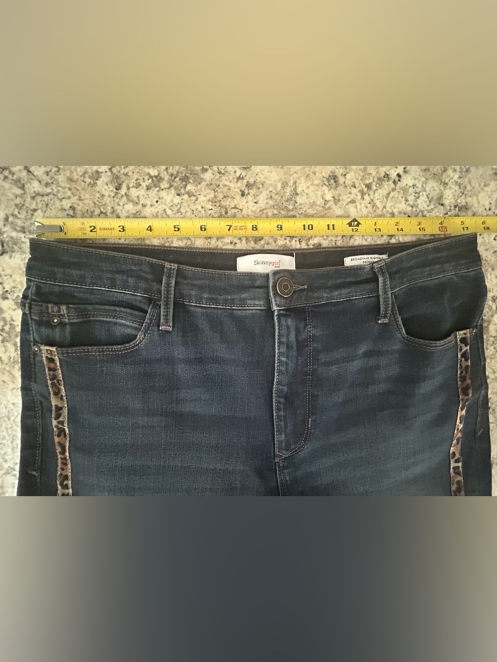 Skinnygirl Broadway High-Rise Dark Blue Skinny Jeans Leopard Side Stripe Size 12 - Picture 13 of 15